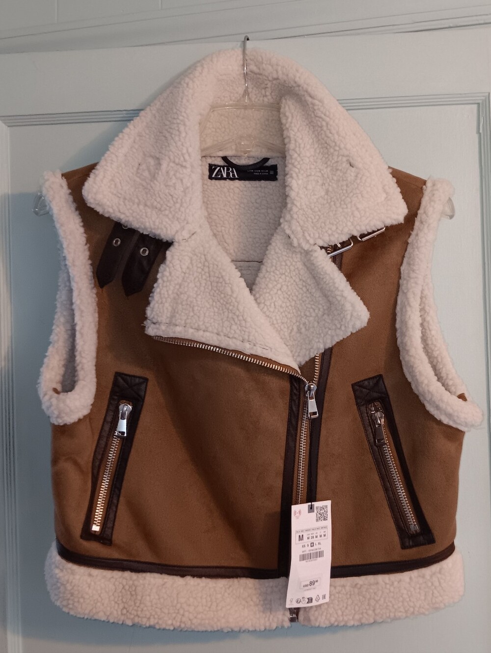 Zara Brown Faux-Suede Vest with Cream Shearling Trim Size Medium NWT